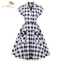 Sishion ผู้หญิงฤดูร้อนแขนสั้น Swing เซ็กซี่ PARTY VINTAGE ชุดลายสก๊อต50S rockabilly ชุดกระเป๋า VD0614.