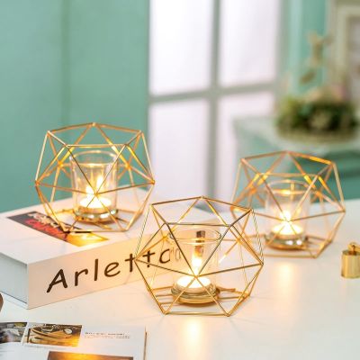Metal Candle Holder Set of 2 Geometric Tea Lights Candle Holder Pillar Candle Lantern Modern Decoration for Home