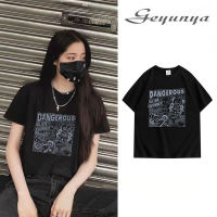 geyunya เสื้อยืดแฟชั่นแขนสั้นผ้าฝ้าย100% พิมพ์ลายการ์ตูนสวยทรงหลวม