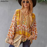 KHALEE YOSE Floral Printed Blouse Shirt Boho Vintage Chic Women Blouse Spring Autumn V-neck Long Sleeve Ethnic Ladies Tops