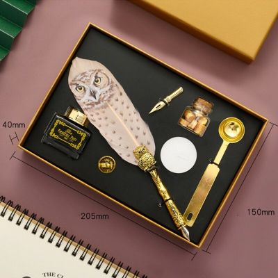 ：“{—— Retro Calligraphy Quill Owl Feather Dip Pen With Nib Wax Seal Stamp Gift Box Stationery School Supplies