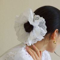 Handmade Hollow Lace Hair Scrunchies Double Layer Flower Cotton Hair Bands Women Fashion Hair Ties Ponytail Holder Accessories Hair Accessories