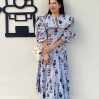 P007-070 PIMNADACLOSET - 3/4 Puff Sleeve Crew Neck Crepe Bear Print Side Pockets Ruffle Hem Flare Maxi Dress