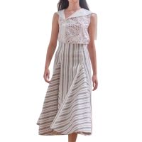 P010-046 PIMNADACLOSET - Eyelet Sleeveless Shirt Collar With  Stripe Print Long Skirt Set