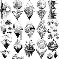 3D Geometry Mountain Sea Temporary Tattoos For Women Adult Men Kids Girl Sun Forest Eyes Fake Tattoo Neck Arm Hands Small Tatoos