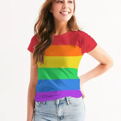 เสื้อยืดผู้หญิงแฟชั่นธงเลสเบี้ยนแขนสั้นพิมพ์ลายคอกลม LGBT เสื้อยืดผู้หญิงเสื้อยืดลำลอง