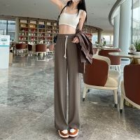 COD SDFERTGRTYTYUYU wide Leg pants Ice Silk Wide-Leg Pants Womens Loose Summer Thin Khaki High Waist Drooping Pants Casual Straight-Leg Mop Pants Drawstring