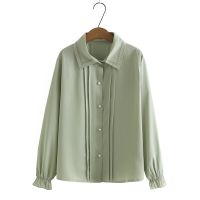 HOT”【มีไซส์ใหญ่】Plus Size XL-4XL White Green Blouses Womens Long Sleeved Spring Summer Tops Large Size OL Blusas