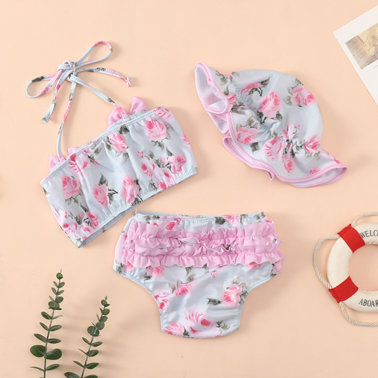 Anfuton bộ đồ bơi 3 món cho bé gái em bé tập đi áo có nơ in hoa da báo + - ảnh sản phẩm 3