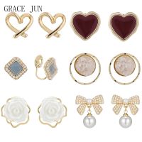 GRACE JUN 2022 New Spiral Clip On Earrings Non Pierced Earrings for Women Pearl Flower Heart Tassel Bow-knot Hoop Cuff Earring