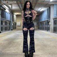 กางเกงขาบาน Calça Negra Esvaziada Gótica Feminina Cruz Estampada จิตฮาราจูกุแม็กราเซ็กซี่โปร่งใส Rua Punk