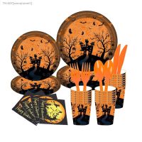 ♀♚✧ Halloween Theme Party Disposable Tableware Cartoon Paper Plate Paper Cup Napkin Paper Banner Set Happy Helloween Party Supplies