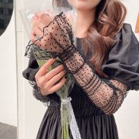 ☢✤▫ Fashion Dot Lace Long Gloves Female Elegant Stretch Tulle Mesh Sheer Women Fingerless Mittens Bride Wedding Black White Golves