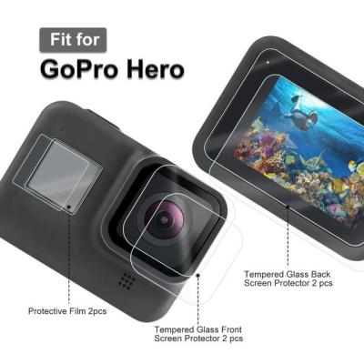 ฟิล์มป้องกันกระจกนิรภัยสำหรับ Gopro Hero 8 7 6 5 Hero สีดำป้องกันหน้าจอ Tutup Lensa Kamera อุปกรณ์เสริมสำหรับ Go Pro