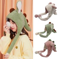 Kawaii Cartoon Dinosaur Movable Ears Hat Women Cute Warm Thick Warm Hoodies Neck Scarf with Windproof Winter Autumn Q5WE