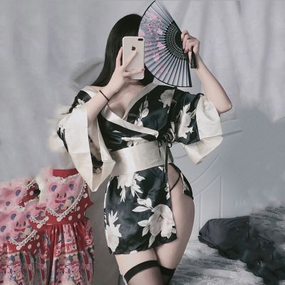 ❍℡ Japanese Kimono Sexy Cosplay Outfit for Women Traditional Style Robe Yukata Sakura Costume Pajamas Soft Silk Belt Lingerie Porno