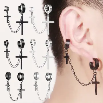 1Pc Punk Hip Hop Metal Chain Ear Cuff Creative Cross Tassel Men Earring  Jewelry Accessories 
