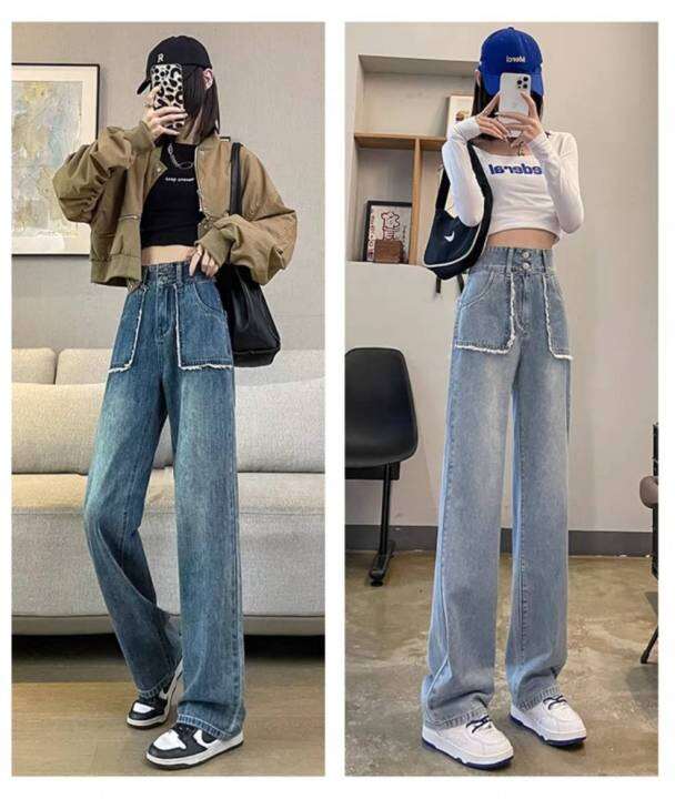 fashionjeans-กางเกงยีนส์ขายาว-เอวสูง-ทรงบอย-วินเทจ-ทรงสวย-กางเกงยีนส์แฟชั่น-8055