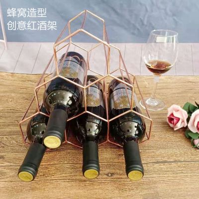 [COD] Metal Wine Rack Ornament Gold Shelf Iron Wire Bottle Hexagonal