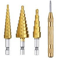 HH-DDPJ3 Pcs Hss Titanium Step Drill Bit Set  1 Pcs Automatic Center Punch Titanium Coated Metal Hex Core Drill Bits