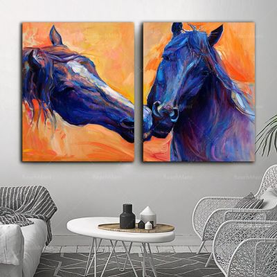 ศิลปะคู่ม้านามธรรม-ภาพวาดผ้าใบม้าสีฟ้า-ตกแต่งผนังม้า-ของขวัญที่สมบูรณ์แบบสำหรับคนรักม้า