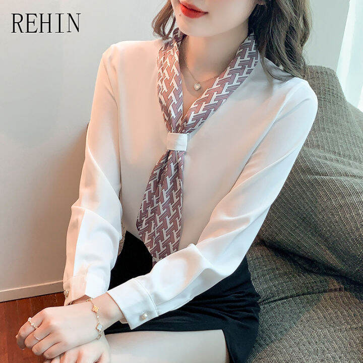 rehin-women-s-top-high-end-lace-up-long-sleeve-shirt-niche-v-neck-elegant-chiffon-blouse