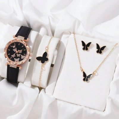 ชุดนาฬิกาผู้หญิงผีเสื้อแฟชั่นยอดนิยม5ชิ้นของขวัญสำหรับสุภาพสตรี