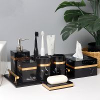 ♚ Resin Bathroom Accessories Set Marble Texture Desktop Hand Sanitizer Soap Dispenser Showe Gel Bottle Black with Golden Bathrooms