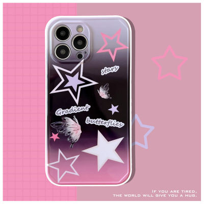 Filling Case ไล่ระดับสี Star Butterfly Phone Case สำหรับ iPhone14 กรณีไล่ระดับสีชมพูสำหรับ iPhone12ProMax สเตอริโอดาวจี้กรณีโทรศัพท์สำหรับ iPhone13 เคสโทรศัพท์แฟชั่นเกาหลีสำหรับ iPhone11