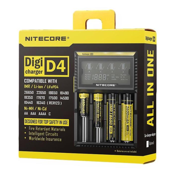 Bộ Sạc Nitecore D4 Chính Hãng Sạc Thông Minh LCD, Cho 18650 14500 16340  26650 12V Sạc, Dùng Cho Pin AA AAA 