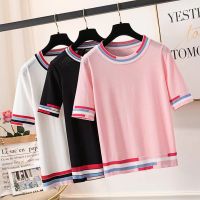 【มีไซส์ใหญ่】Plus Size Womens Knitted White Black Tshirts Short Sleeve Patchwork Summer Tops Large Size Vintage Tee