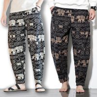 Hot sell Summer Cotton Harem Pants Mens Hemp Casual Trousers Male Loose Wide Leg Pants Folk Style Lantern Pants Thailand Elephant Printed