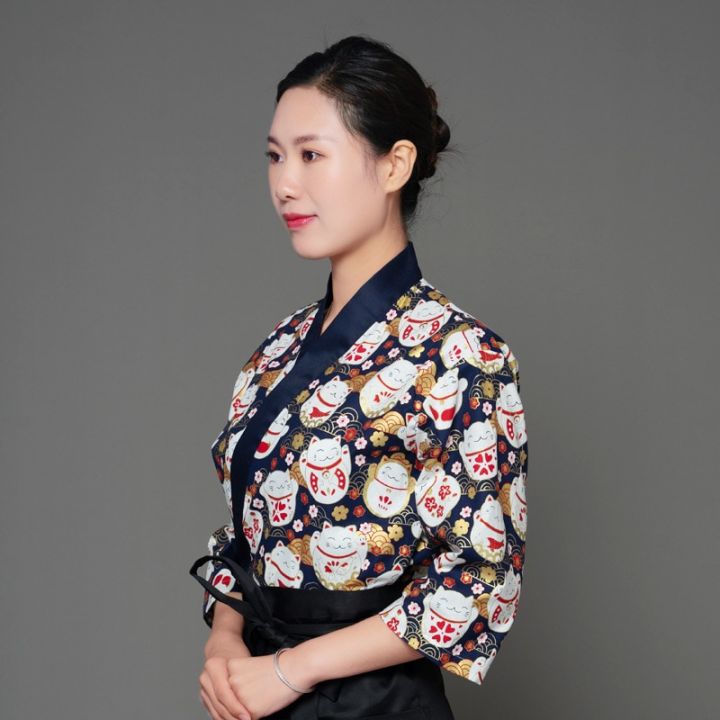 เสื้อแจ็กเก็ตเชฟชายสำหรับผู้หญิงพนักงานเสิร์ฟบาร์ร้านอาหารซูชิบริการอาหารสไตล์ญี่ปุ่น