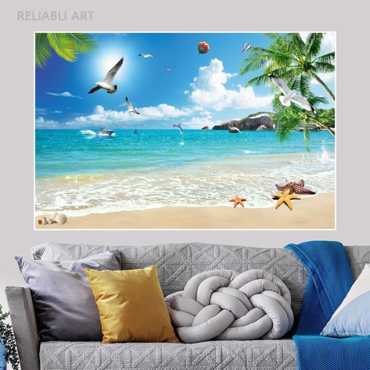 newseaside-scenery-ภาพวาดผ้าใบ-beach-seascape-ปาล์มต้นไม้โปสเตอร์พิมพ์-seagull-ปลาดาว-wall-art-สำหรับ-porch-ห้องนั่งเล่น-decor