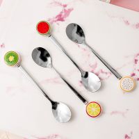 Cartoon stainless steel spoon fruit pattern ceramic handle creative coffee spoon Korean stainless steel fork soup spoon Serving Utensils