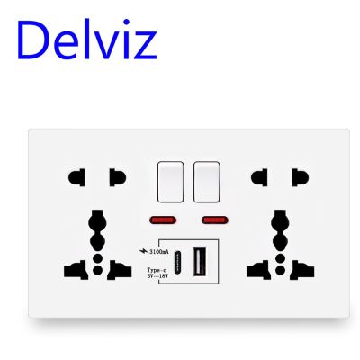 Delviz 18W ชนิด-C เต้าเสียบผนัง4A อินเตอร์สมาร์ทชาร์จเร็วสากลซ็อกเก็ตคู่การควบคุมสวิทช์1A 1C USB พอร์ตเต้าเสียบไฟ