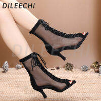 DILEECHI Latin Dance รองเท้าผู้หญิงสีดำ Nubuck ตาข่ายสบาย Salsa Dance รองเท้า Salsa Party รองเท้า Lace Up ซิปกลับ