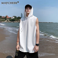 MAYCHEER เสื้อกล้ามฮิปฮอปมีฮู้ดแขนกุดทรงหลวมมีฮู้ดผู้ชายแขนสั้น