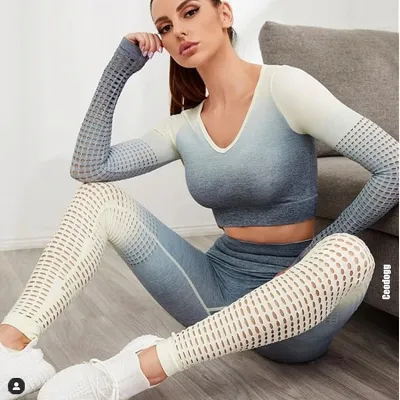 Womens Sportswear Yoga Set Workout Clothes Athletic Wear Sports Gym Legging Seamless Fitness Crop Top Long Sleeve Yoga Suit