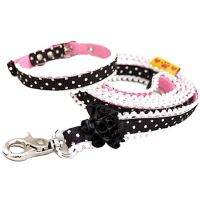 Free Shipping Dog Collar Leash Pet Accessories Camellia Lace Dot Pink Black Cute Princess Style Holiday Walking Chihuahua