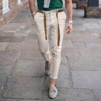 Men Clothing Mid Waist Pockets Design Long Trousers 2023 Male Long Pant with Belt Spring Autumn Solid Stretching Baggy Pants