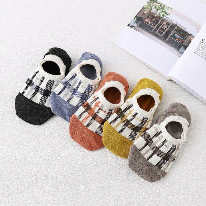 5-pairs-women-plaid-boat-socks-spring-summer-non-slip-casual-cotton-ankle-socks-comfortable-female-shallow-mouth-invisible-socks