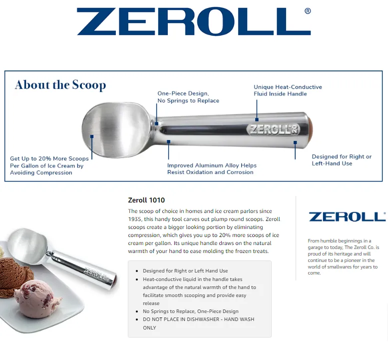 Zeroll Original Ice Cream Scoop with Unique Liquid Filled Heat Conductive  Handle Simple One Piece Aluminum Design Easy Release Made in USA, 4-Ounce
