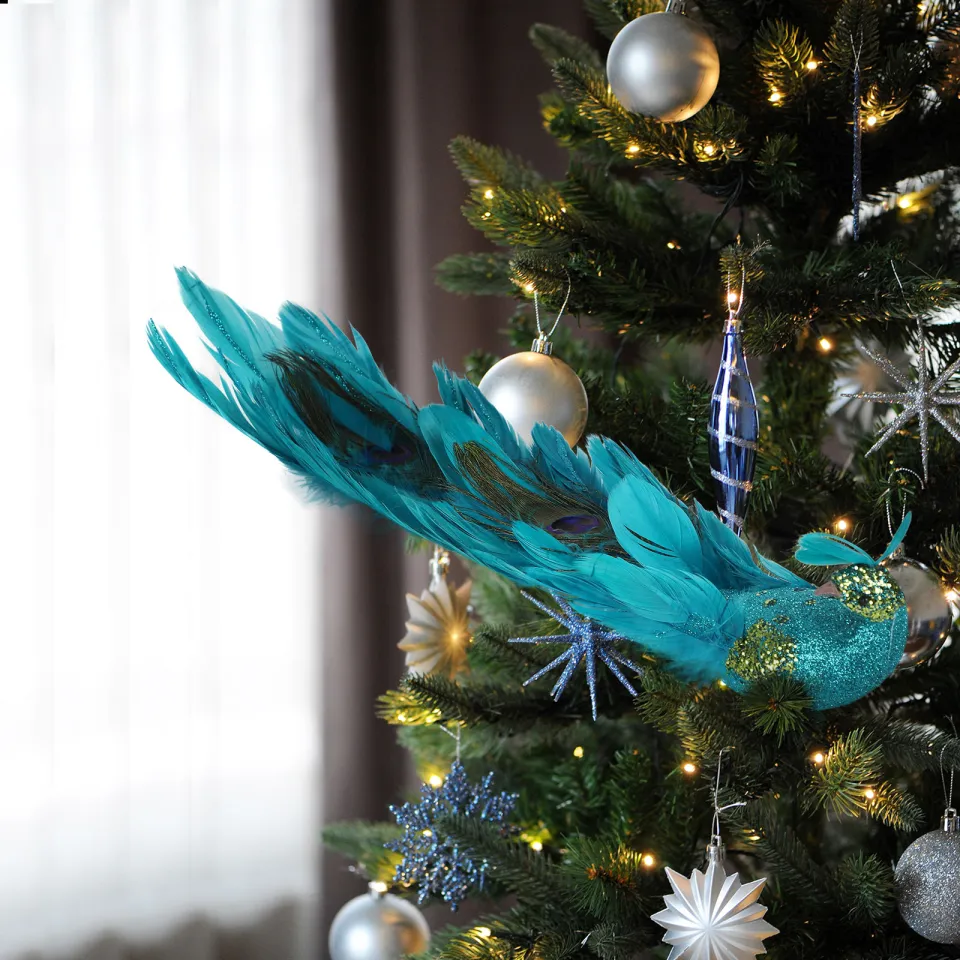 Faux Peacock Ornaments Glitter Blue Peacock Ornaments Artificial Peacock  Decor with Feather Tail and Clip for Christmas Tree (Blue, 2PCS)