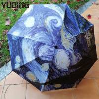 Yuding Non-automatic Three-Folding Van Gogh Starry Night Oil Painting Umbrella Adults Women Water-resistant Umbrellas As Gift