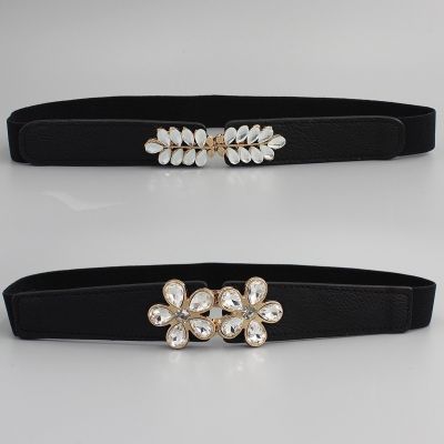Decorative Belt Female Elastic Girdle Flower Shape Diamond Pair Buckle Versatile Black