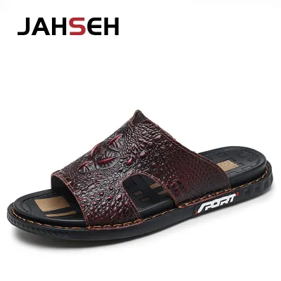 Business Leather Mens Slippers Crocodile Grain Style Men Flip Flops High Quality Sandals Non-slip Male Slippers Hom