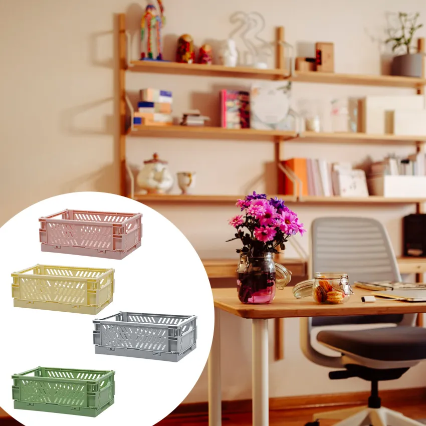 D1resion 4Pcs Mini Stackable Crates Decor Danish Pastel Aesthetic Stacking  Folding Plastic Storage Crate Foldable Bin Baskets Tray with Handles for