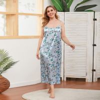 【 WYIN kitchen】 2056-3 Oversized Women Elegant Long Dress Spaghetti Strap Summer Light Blue Flora Sleep Wear Home Cloth Ladies 39; Pyjamas Lingerie