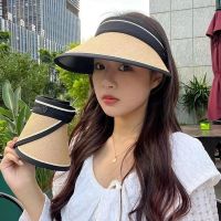 Topi Bucket หมวกสำหรับผู้หญิงหมวกแก๊ปปีกกว้างหมวกฟางด้านบนว่างเปล่าสำหรับเดินทางท่องเที่ยวที่บังแดดป้องกันบังแดด UV พับเก็บได้หมวกมีกระบัง